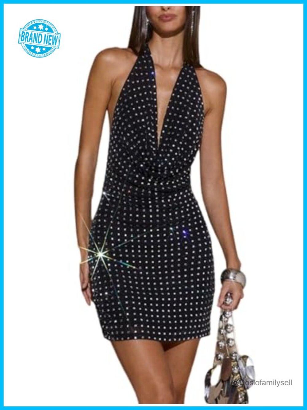 Sequin Sparkly Halter Mini Club Party Dress Deep V Bodycon Backless
